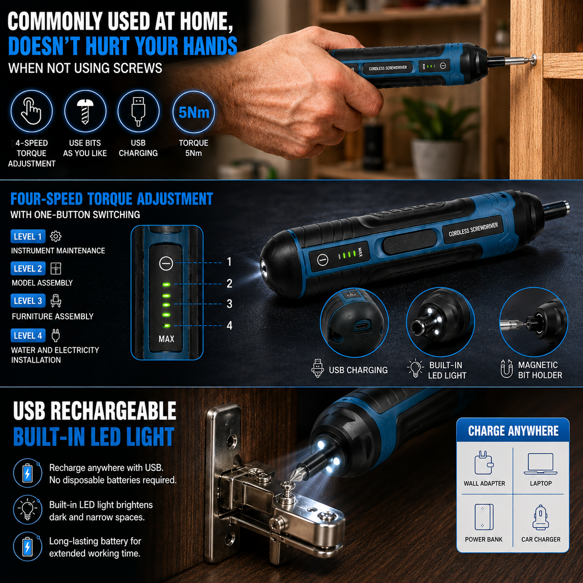 ProFix™ Cordless Electric Screwdriver – 4 Torque Settings & Bit Set