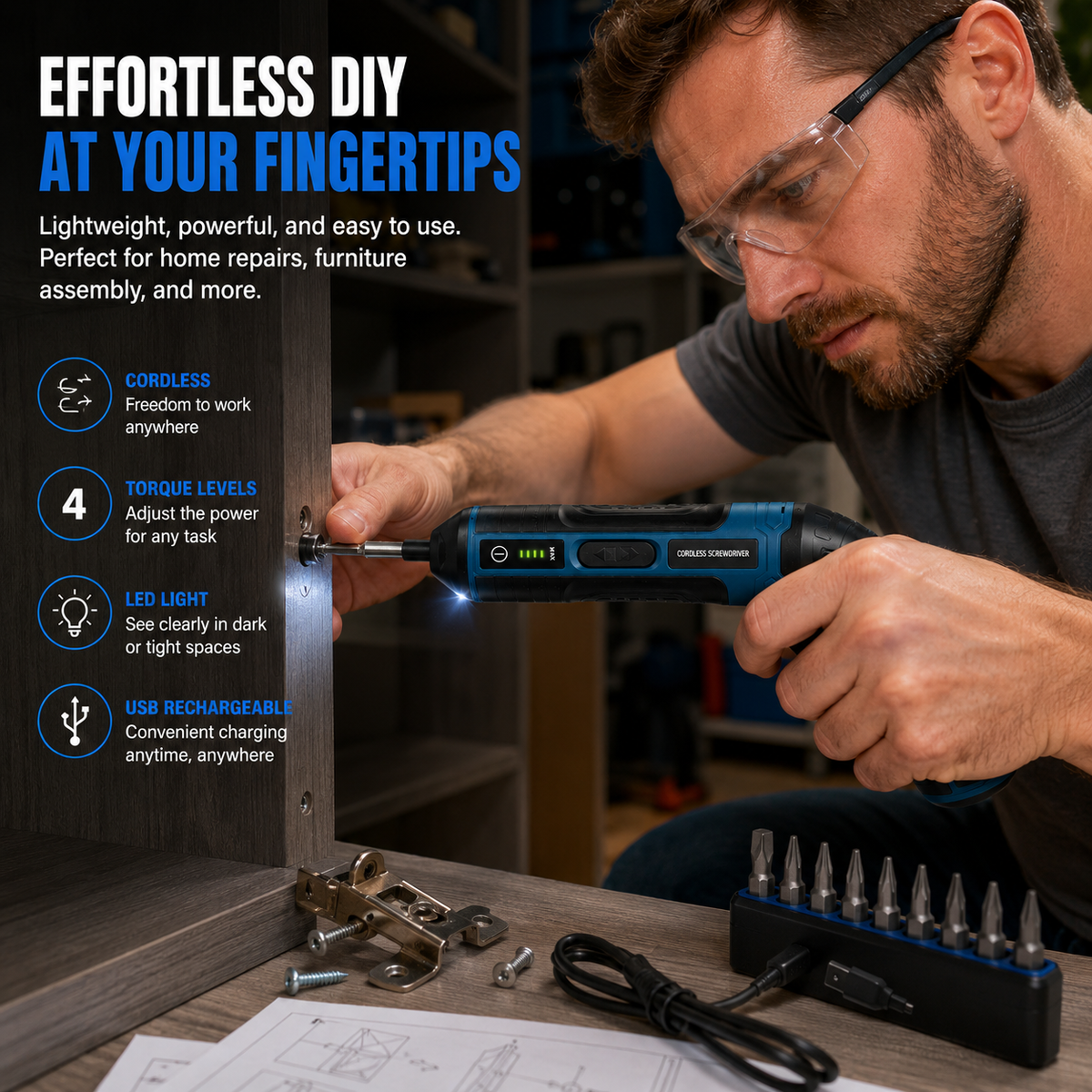 ProFix™ Cordless Electric Screwdriver – 4 Torque Settings & Bit Set