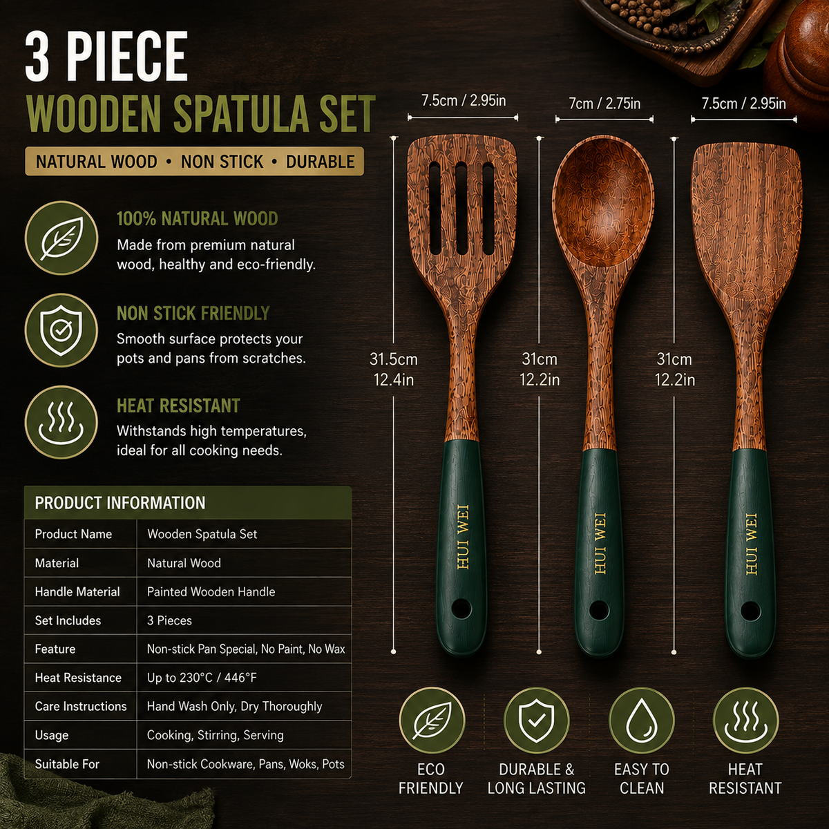 Natural Wood Spatula Set – Non-Stick Wooden Cooking Utensils for Kitchen