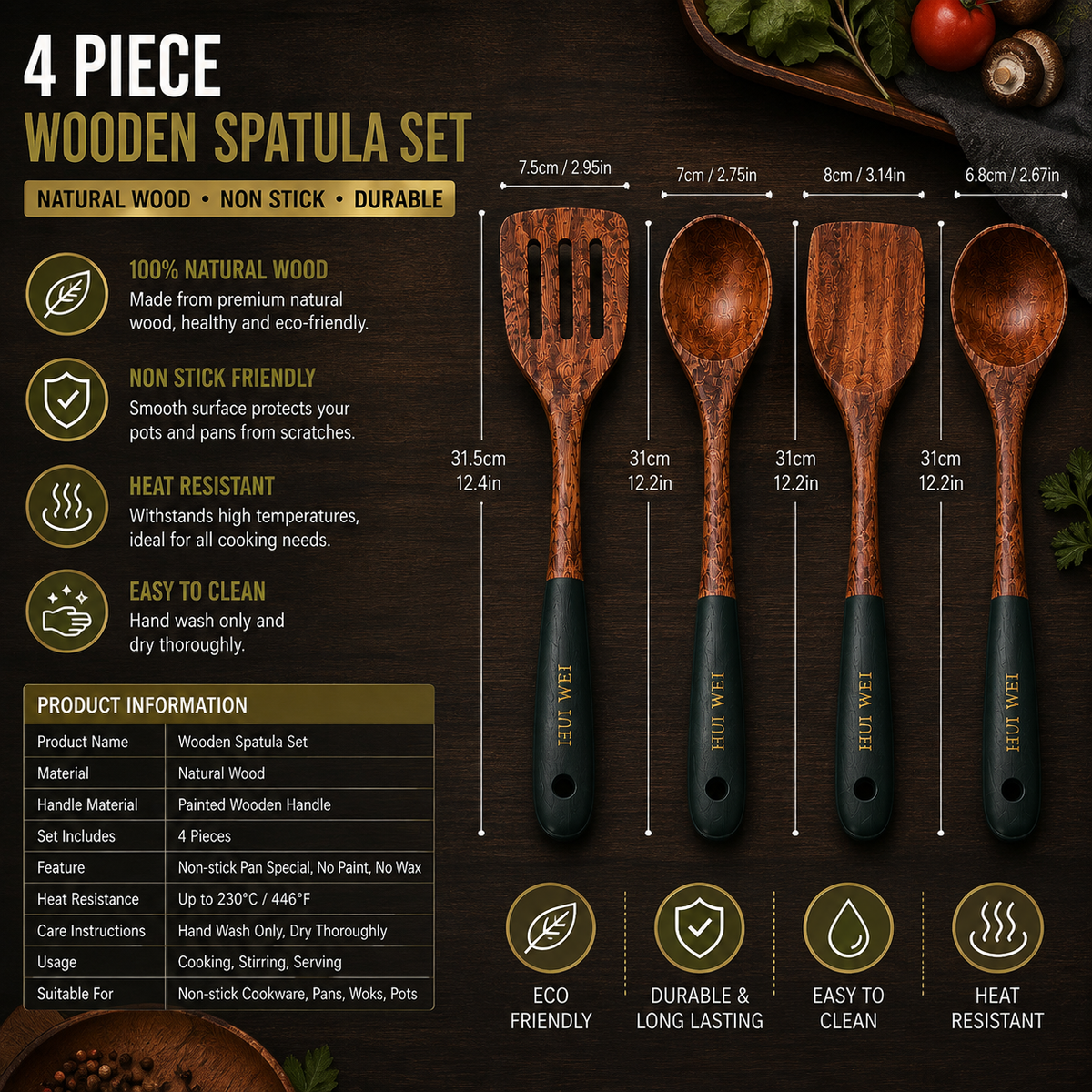 Natural Wood Spatula Set – Non-Stick Wooden Cooking Utensils for Kitchen