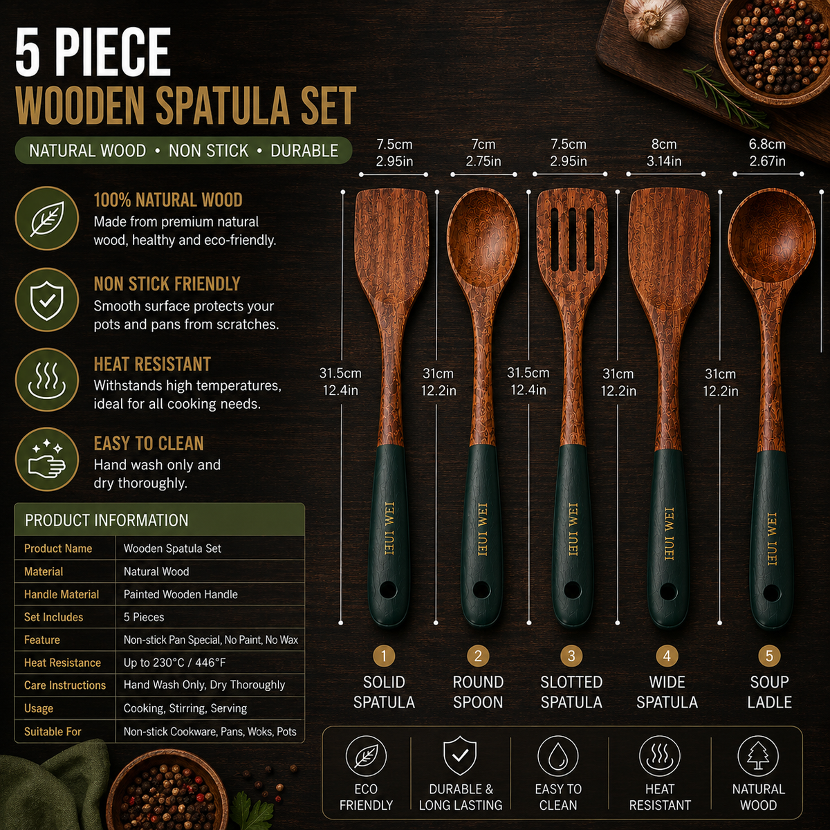 Natural Wood Spatula Set – Non-Stick Wooden Cooking Utensils for Kitchen