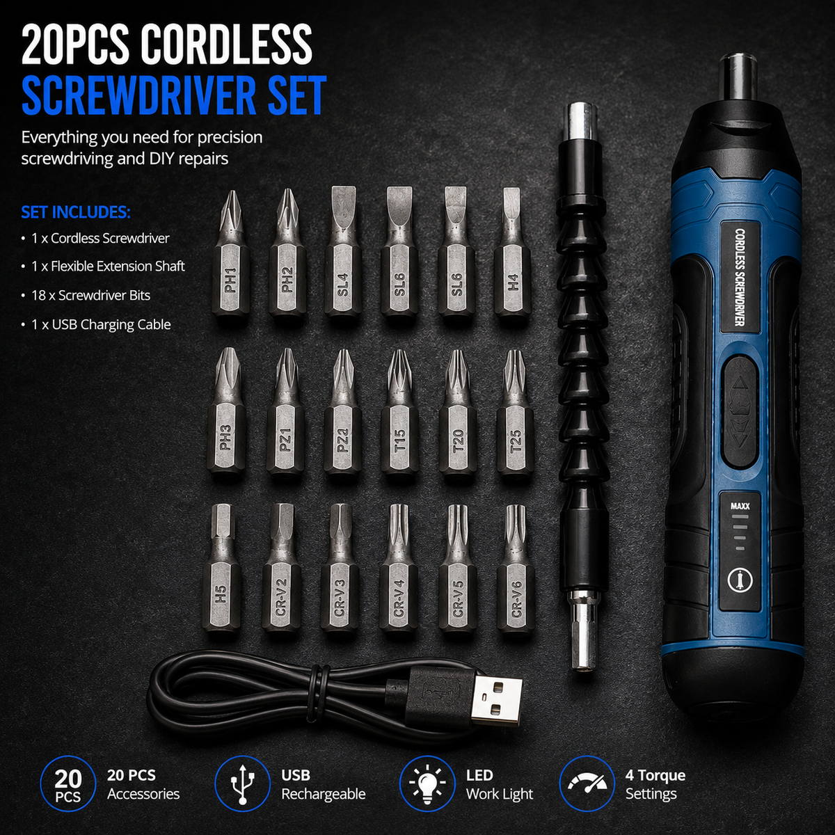 ProFix™ Cordless Electric Screwdriver – 4 Torque Settings & Bit Set